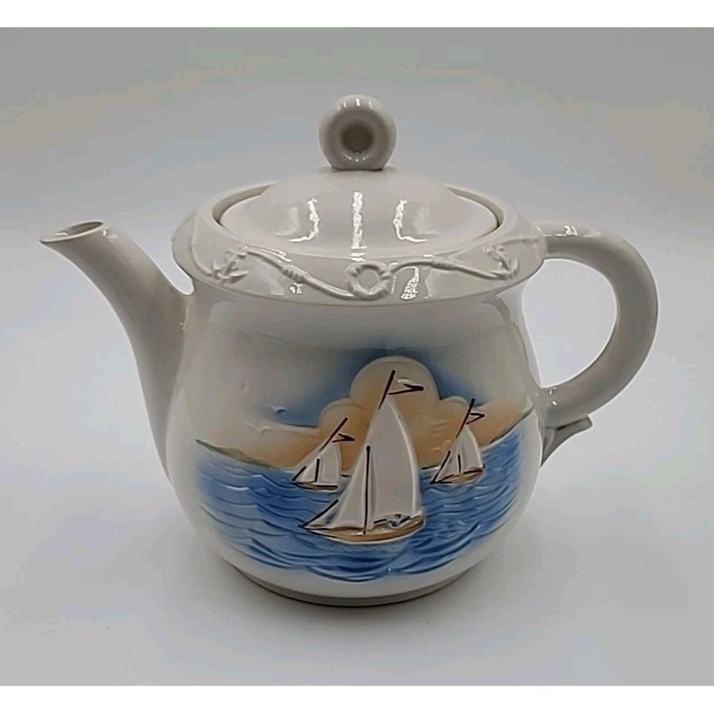 VTG Teapot Nautical Sailboat Sail Boat Yacht Large Porcelain Pottery Lid 3D
